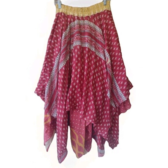 Lime Poppy Red & Yellow Maxi Skirt Reversible Boho Cotton Asymmetrical Hem Sz Lg - Picture 3 of 16